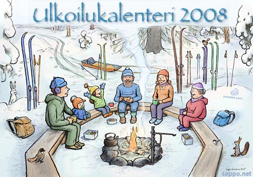  Hiihtäjät nuotiolla, keywords:
 hiihto hiihtäjä nuotio nuotiopaikka leiripaikka eväät evästauko nuotiokahvi sukset pulkka jänis orava kuukkeli hömötiainen Suomen latu talvi metsä piirros pilapiirros