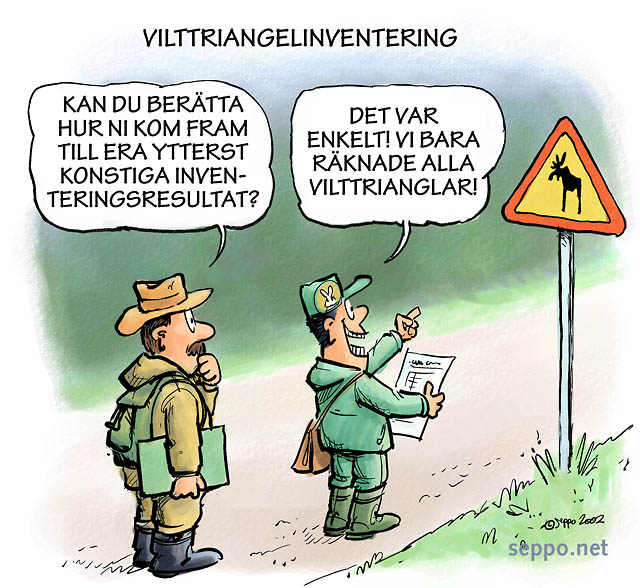  Viltforskning - vilttriangelinventering, keywords:
 viltforskning vilttriangel inventering viltstammen beräkning forskare inventerare älg vägmärke trafikskylt teckning