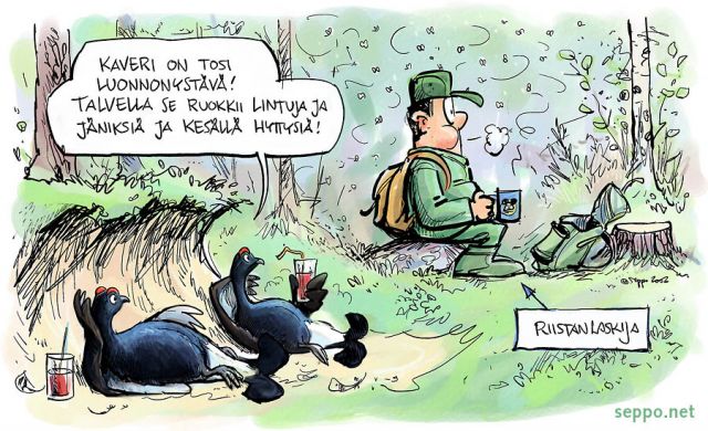  Teeri - riistanlaskenta, keywords:
 teeri teerikanta riistanlaskenta laskija maastotutkimus metsä seuranta hyttynen lepotauko Lyrurus tetrix pilapiirros