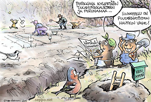  Suunnittelu on puutarhatöiden hauskin vaihe, keywords:
 puutarha kevät kylvö suunnittelu perhe kasvimaa muokkaus istutus ruoka vesimyyrä västäräkki peippo piirros pilapiirros