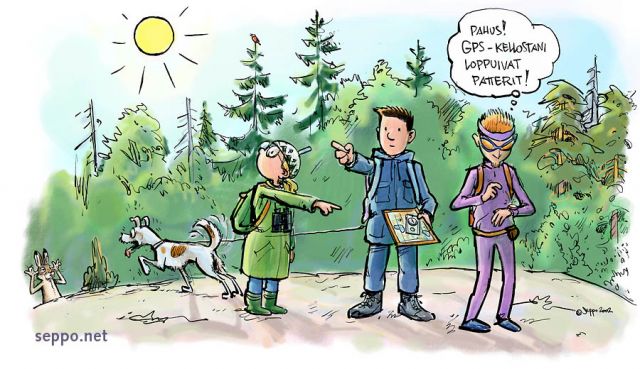  Suunnistajat metsässä, keywords:
 suunnistus suunnistaja retki retkeilijä retkeily metsä aurinko kompassi kartta gps koira jänis pilapiirros