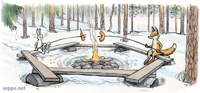  Jänis ja kettu nuotiolla, keywords:
 jänis kettu nuotio tuli nuotiopaikka leiripaikka eväs tauko evästely talvi metsä Lepus timidus Vulpes vulpes pilapiirros