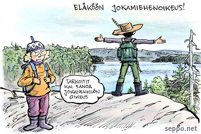  Eläköön  jokamiehenoikeus , keywords:
 jokamiehenoikeus oikeudet jokamies tasa-arvo feminismi feministi retkeilijät kelo erämaa erämainen järvimaisema pilapiirros