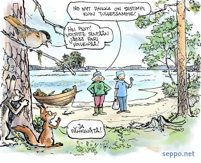  Souturetki – leiripaikka – lähtösiivous , keywords:
 souturetki soutajat retkeily leiripaikka taukopaikka hiekkaranta siisteys siivoaminen lähtösiivous roskaton järvimaisema kuukkeli orava jänis Sciurus vulgaris Lepus timidus Perisoreus infaustus pilapiirros
