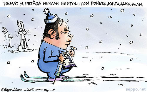  Paavo M. Petäjä hiihtoliiton puheenjohtajakilpaan, keywords:
 hiihto doping Paavo Petäjä hiihtoliitto maastohiihto talvi urheilu huumori pilapiirros