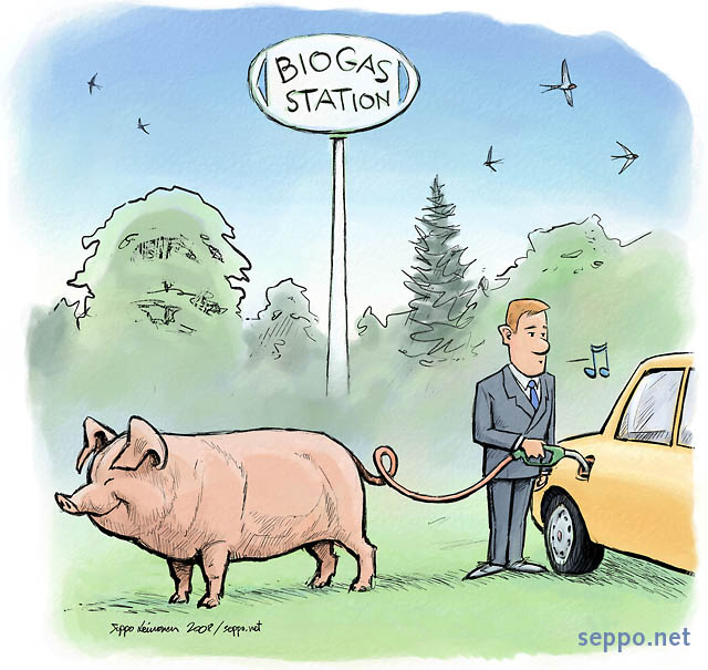  Biokaasua autoon, keywords:
 biokaasu uudistuva energia energianlähde ilmasto ilmastonmuutos sika metaani polttoaine tulevaisuus jakeluasema pilapiirros