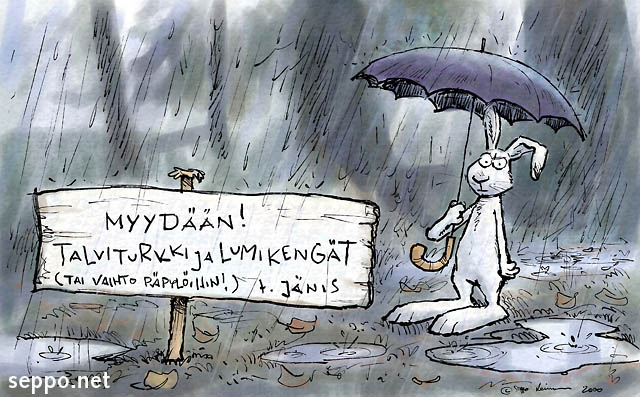  Jänis ja myynti-ilmoitus, keywords:
 jänis talviturkki lumikenkä kengät ilmastonmuutos lämpeneminen ympäristön muutos vesisade talvi sateenvarjo pilapiirros