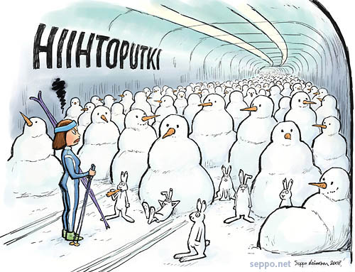  llmastonmuutos - jänikset ja lumiukot hiihtoputkessa, keywords:
 ilmastonmuutos kasvihuonetalvi lumiukko metsäjänis hiihtoputki hiihtäjä ilmasto energia lumi lumipeite talvi pilapiirros