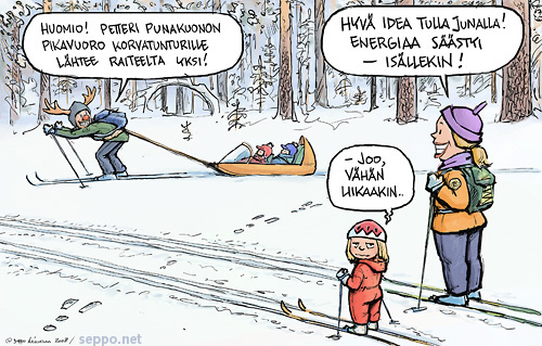  Perhe säästää ilmastoa ja menee junalla hiihtämään, keywords:
 perhe hiihto hiihtäminen hiihtoloma juna energia ilmasto säästö lumi latu vanha metsä Petteri Punakuono Korvatunturi pikavuoro piirros pilapiirros