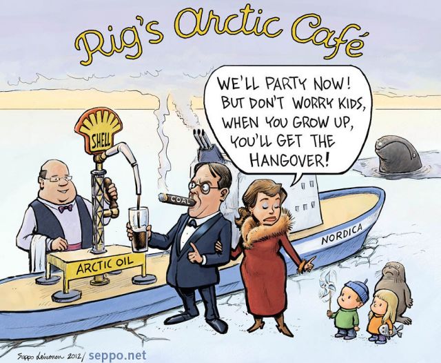  Rigs Arctic Café - Shell poraa öljyä Arktiksella, keywords:
 Shell Arctic arktinen öljy Alaska jäänmurtaja Nordica bileet krapula tulevat sukupolvet ilmasto ympäristö fossiilinen polttoaine päästö saaste Esko Ollila pilapiirros