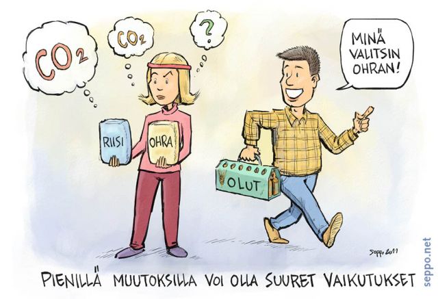  Suosi vähäpäästöisiä ruokia ja raaka-aineita, keywords:
 ruoka ruoka-aine juoma päästöt vähäpäästöinen hiilipäästö hiilijalanjälki ilmasto ohra riisi olut kauppa ympäristövaikutus pilapiirros