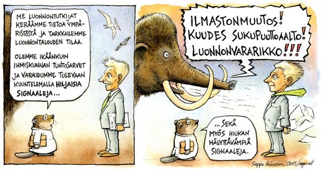  Luonnontutkimus mammutti ja hiljaiset signaalit, keywords:
 luomus luonnontutkimus luonto ympäristö ilmasto ilmastonmuutos luonnontalous hiljainen signaali kuudes sukupuuttoaalto luonnonvararikko ympäristöministeri Kimmo Tiilikainen majava mammutti pilapiirros