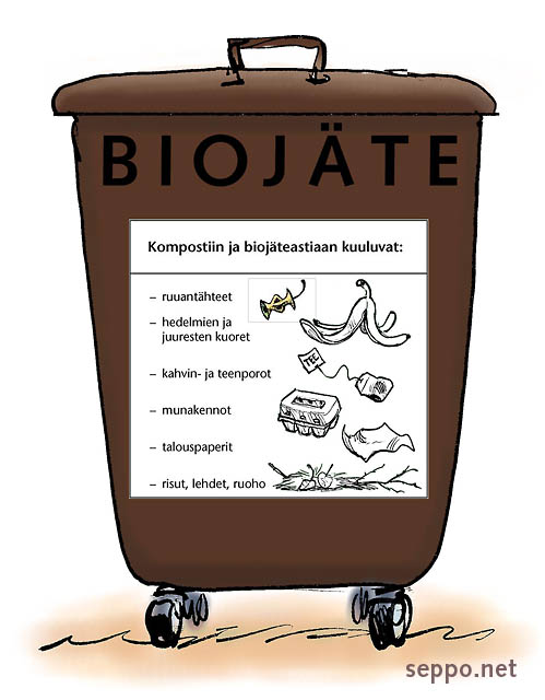  Biojäte - keräysastia, keywords:
 jätehuolto biojäte keräysastia säiliö jäteneuvonta lajitteluohje opaste pilapiirros