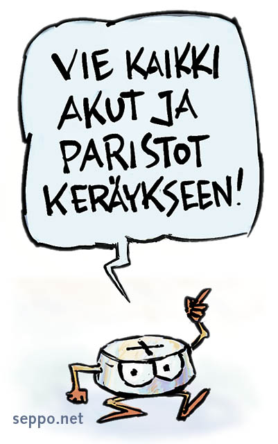  Vaarallinen jäte – vie paristot keräykseen, keywords:
 nappiparisto paristo akku raskasmetalli ongelmajäte vaarallinen jäte pilapiirros