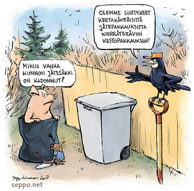  Jätesäkki - jätesäiliö, keywords:
 jäte jätesäkki jätesäiliö kestopakkaus kertakäyttö vaakku mustavaris sika rotta kierrätys