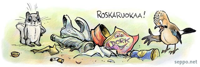  Roskaruokaa - närhi ja liito-orava, keywords:
 roskaruoka roska pakkaus jäte roskaaminen roskaton retkeily liito-orava närhi Pteromys volans Garrulus glandarius pilapiirros