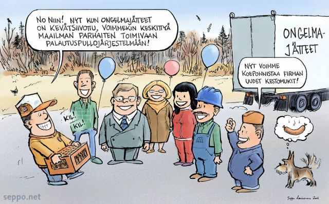  Ympäristöyritys - vappujuhla, keywords:
 eko ekoteko pilapiirros ympäristöystävällinen ympäristöä säästävä vappu juhla yritys ongelmajäte kevätsiivous palautuspullo