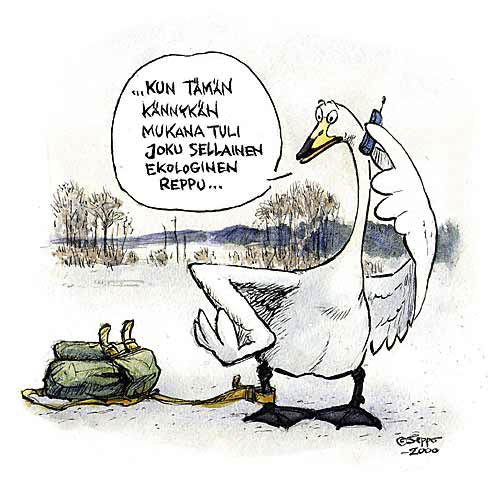  Ekologinen selkäreppu, keywords:
 kännykkä ekologinen selkäreppu joutsen matkapuhelin ympäristö ympäristövaikutus pilapiirros