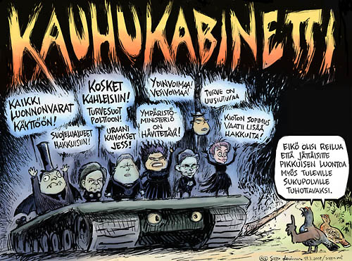  Kauhukabinetti - porvarihallituksen luontosuhde, keywords:
 porvarihallitus luonto luonnonsuojelu luonnonsuojelija metso metso-ohjelma ympäristö energia monimuotoisuus politiikka Vanhasen hallitus tulevat sukupolvet pilapiirros
