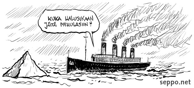  Höyrylaiva ja jäävuori, keywords:
 laiva höyrylaiva jäävuori meri merenkulku liikenne törmäys vaara Titanic pilapiirros