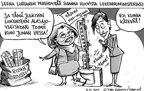  Yöjuna Kajaaniin ajetaan alas, keywords:
 Leena Luhtanen Susanna Huovinen julkinen liikenne alasajo juna yöjuna yöjunakapina junan vessa lakkauttaminen pilapiirros