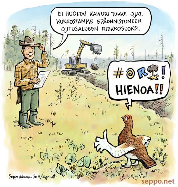  Riekkosuo - ennallistaminen, keywords:
 riekko suo kaivuri ojat tukkoon ennallistaminen luonnontila palautus lagopus lagopus piirros