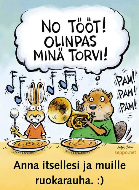  Ruoka - syö rauhallisesti, keywords:
 ruoka ruokajäte koulu ruokailu syö rauhallisesti ruokarauha torvi majava jänis pilapiirros