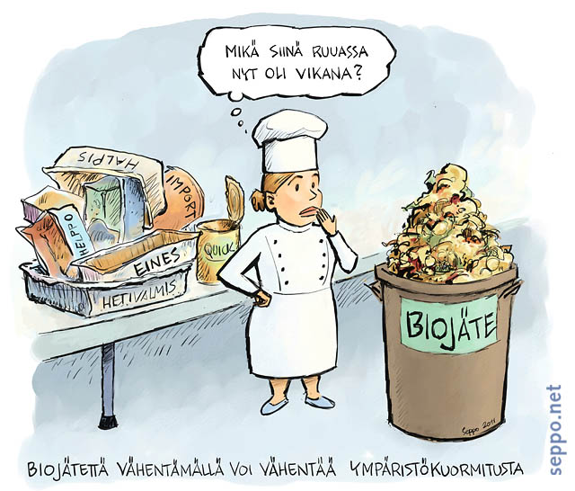  Vähemmän biojätettä keittiöstä, keywords:
 biojäte vähentäminen keittiö suurkeittiö ammattikeittiö ruoka ruokala ruokajäte raaka-aine ympäristö kuormitus vaikutus kokki pilapiirros