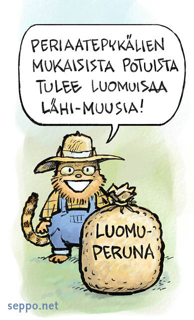  Lähiruoka, keywords:
 lähiruoka valtioneuvoston periaatepäätös kestävä julkinen hankinta luomu peruna pottu kokki kotimainen ravinto kissa pilapiirros