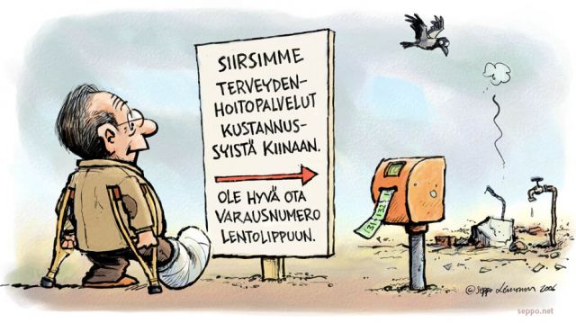  Terveyspalvelujen keskittäminen ja yksityistäminen, keywords:
 terveys terveydenhoito terveyspalvelut julkiset palvelut sairaanhoito lääkäri Kiina jonotusnumero keskittäminen ykstyistäminen purkaminen hyvinvointivaltio huumori piirros