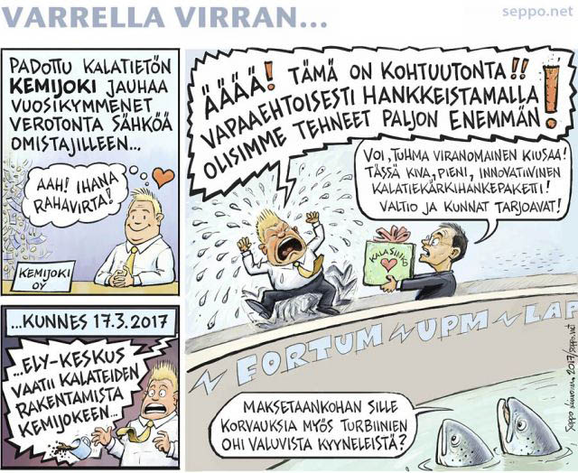  Kemijoki oy ja kalatievelvoite, keywords:
 Kemijoki Kemijoki Oy joki virtavesi lohi meritaimen siika vaelluskala kalatie velvoite pilaaja maksaa vapaaehtoisuus Fortum UPM vesilaki korvaukset piirros